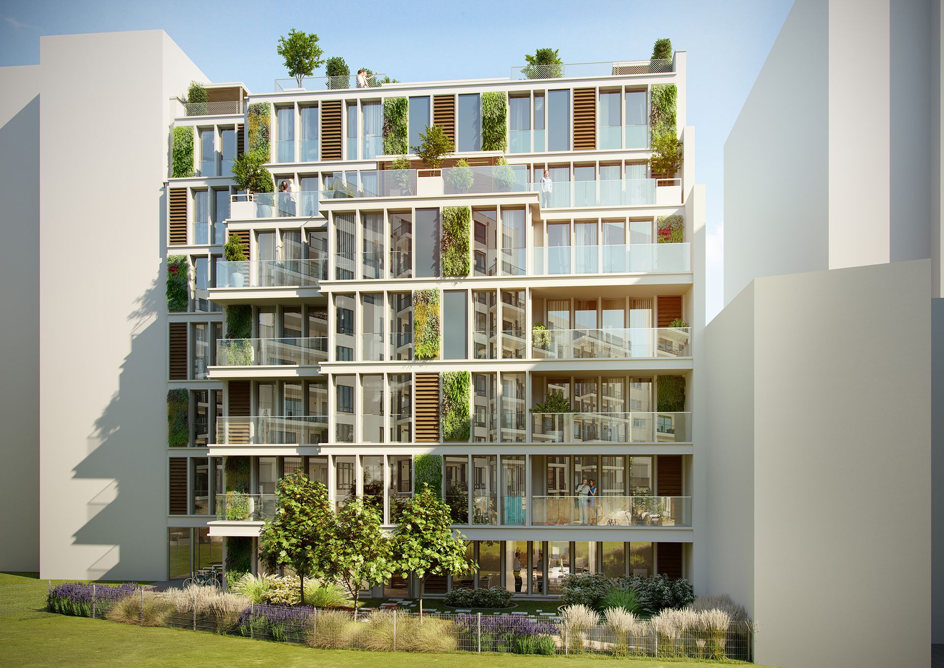 Frontansicht des Wohn- und Geschäftshauses in der Bundesallee 215 mit Garten