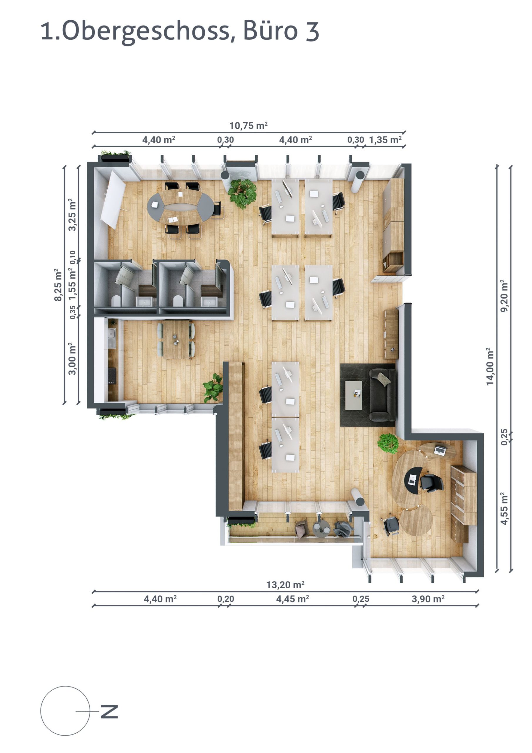Grundriss von Büro Nummer 3 im ersten Obergeschoss, Besprechungsräume, Arbeitsplätze, WCs