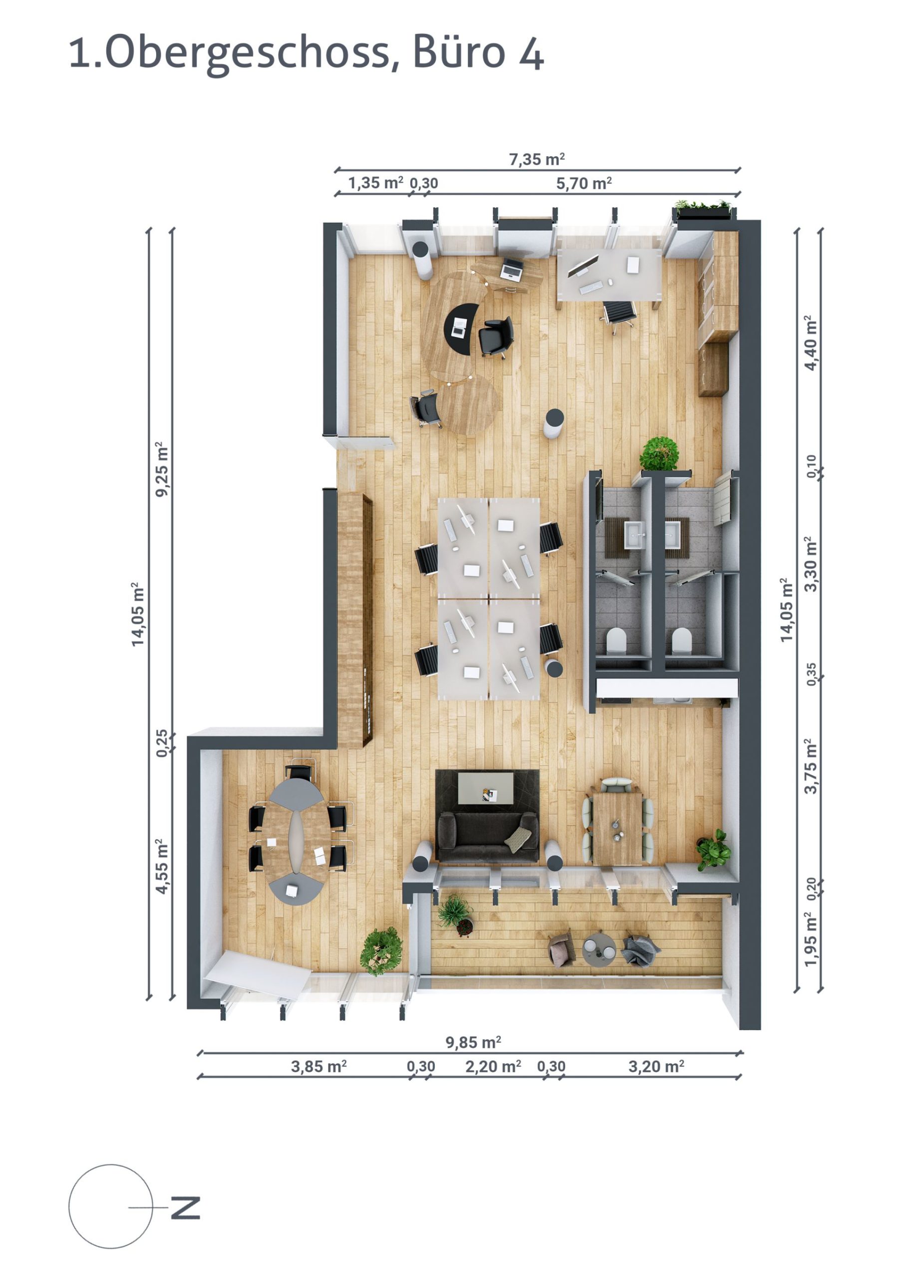 Grundriss von Büro Nummer 4 im ersten Obergeschoss, Besprechungsräume, Arbeitsplätze, WCs