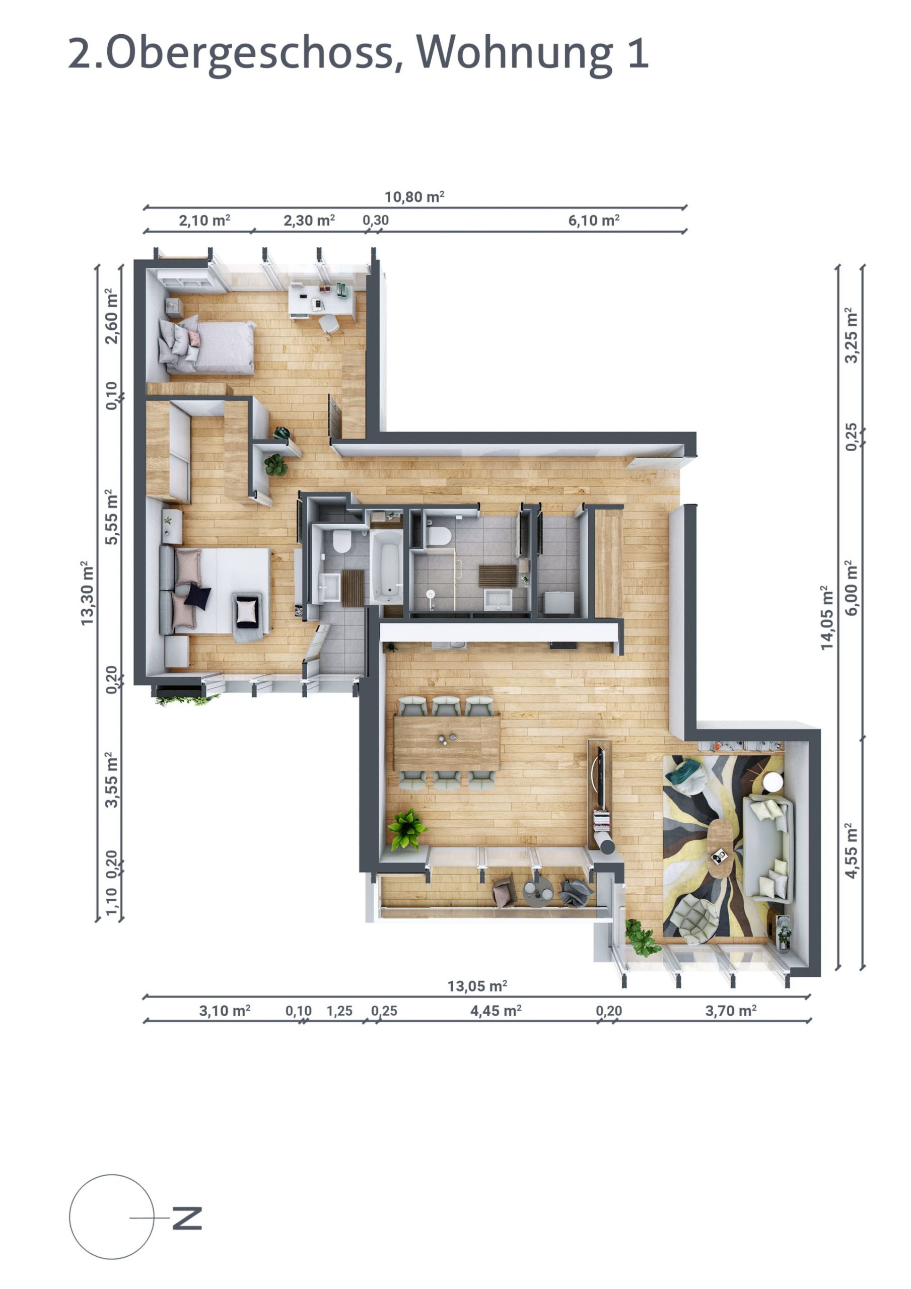 Grundriss von Wohnung Nummer 1 im zweiten Obergeschoss. Mehrere offene Räume mit Schlafzimmer, Gästezimmer, Küche, Bad, Wohn- und Essbereich.