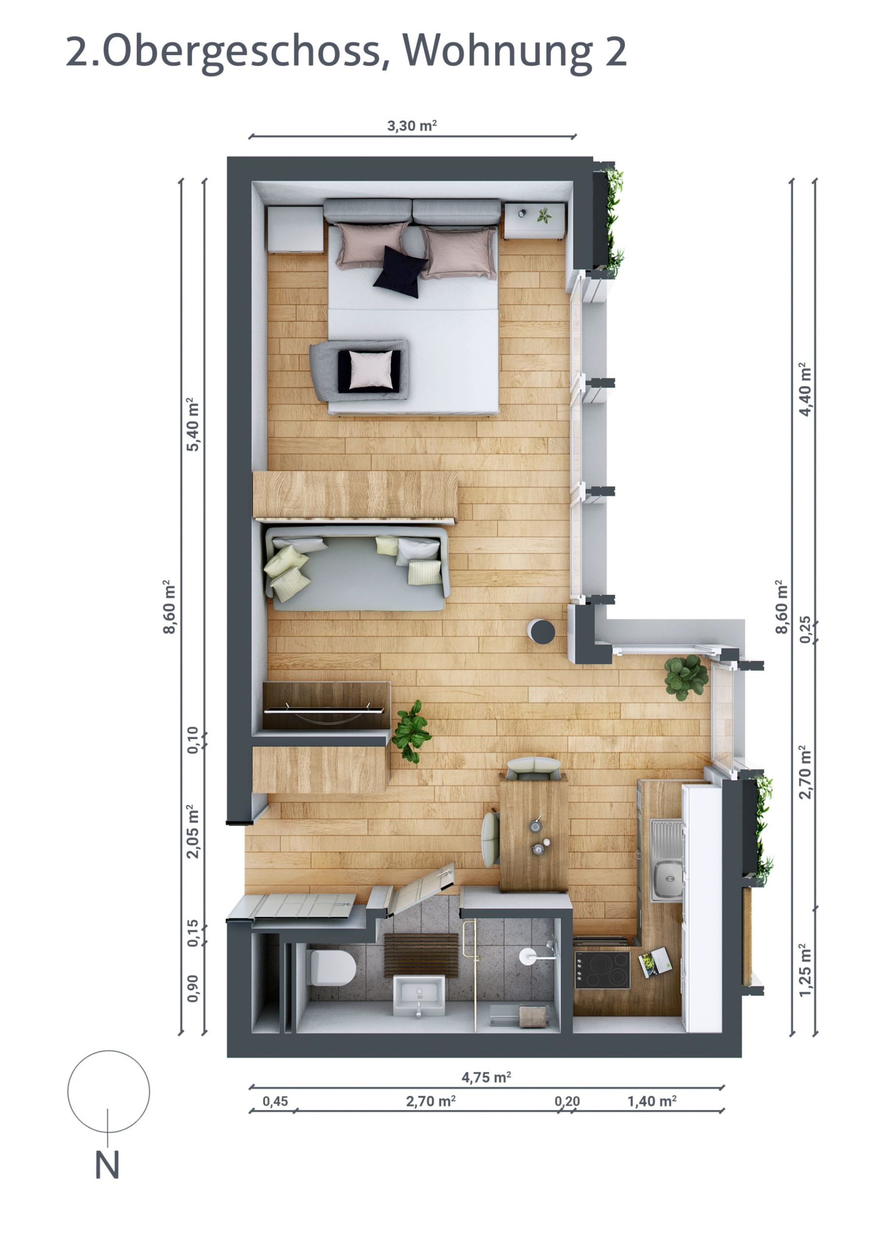 Grundriss von Wohnung Nummer 2 im zweiten Obergeschoss. Offener Raum mit Schlafzimmer, Küche, Wohn- und Essbereich.