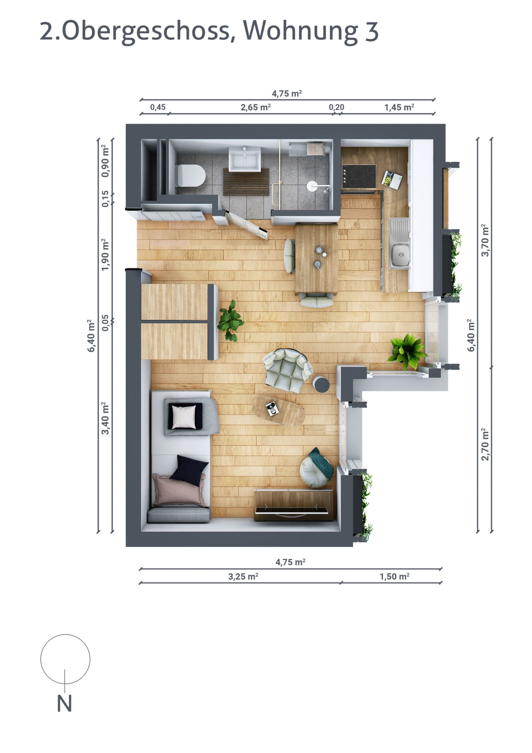 Grundriss von Wohnung Nummer 5 im zweiten Obergeschoss. Kleinerer Raum mit offener Küche und Wohn- und Essbereich.