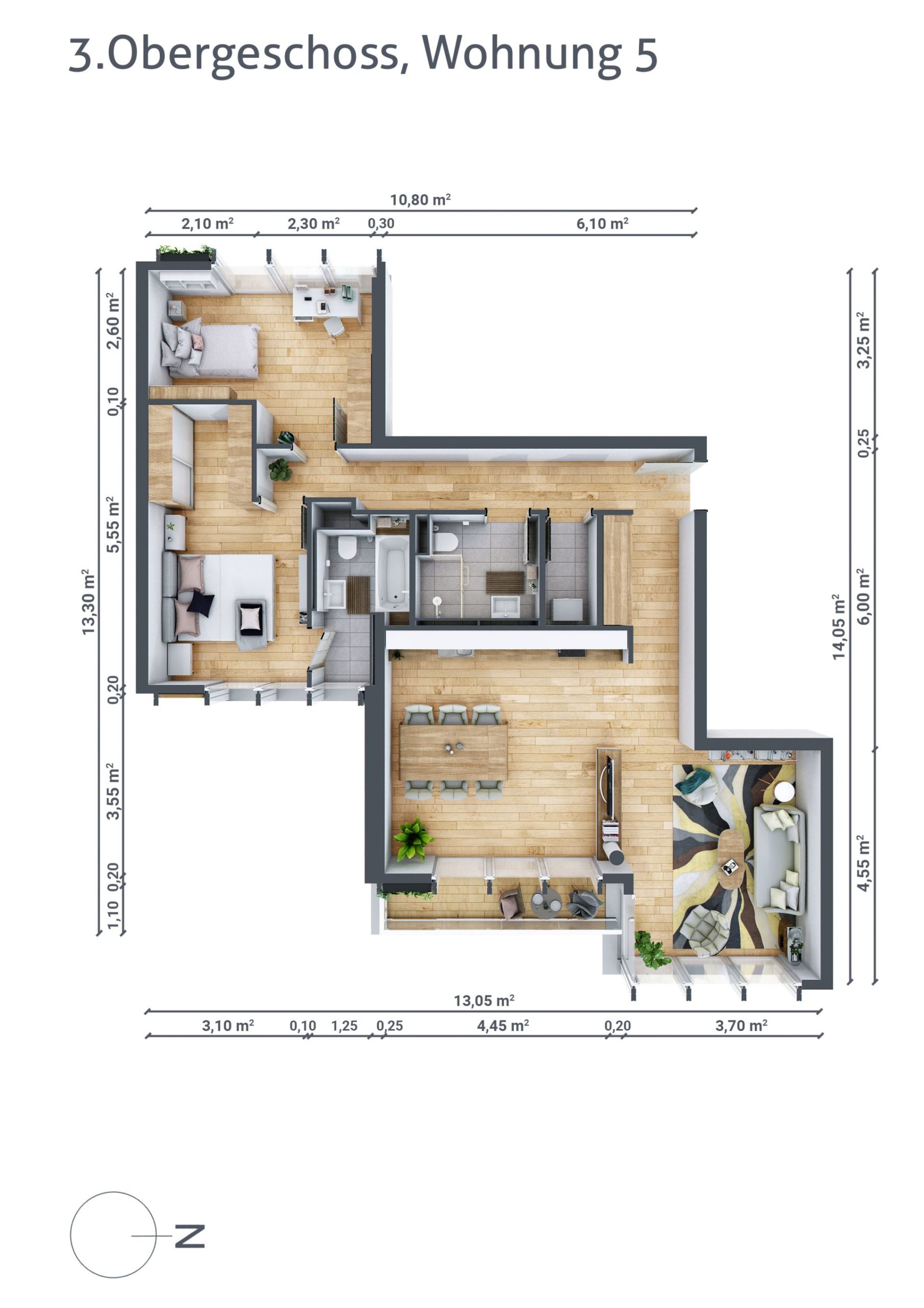 Grundriss von Wohnung Nummer 5 im dritten Obergeschoss. Schlafzimmer, Gästezimmer, Küche, Bad, Wohn- und Essbereich.