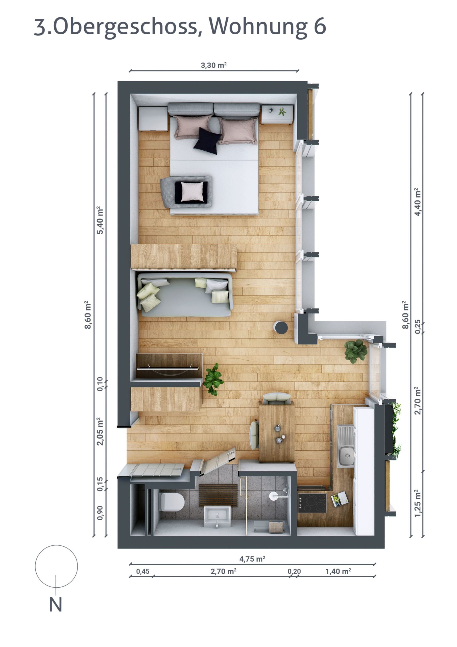 Grundriss von Wohnung Nummer 6 im dritten Obergeschoss. Offener Raum mit Küche, Schlaf-, Wohn- und Essbereich.