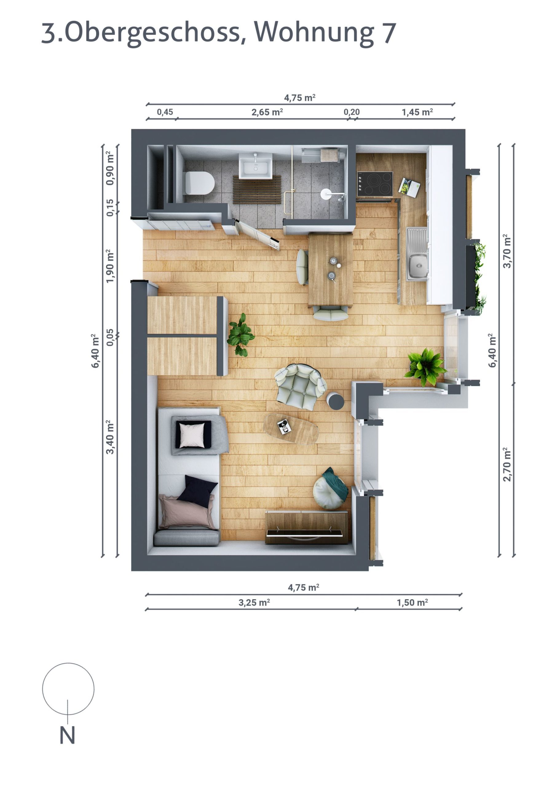 Grundriss von Wohnung Nummer 7 im dritten Obergeschoss. Kleinerer, offener Raum mit Küche, Schlaf-, Wohn- und Essbereich.