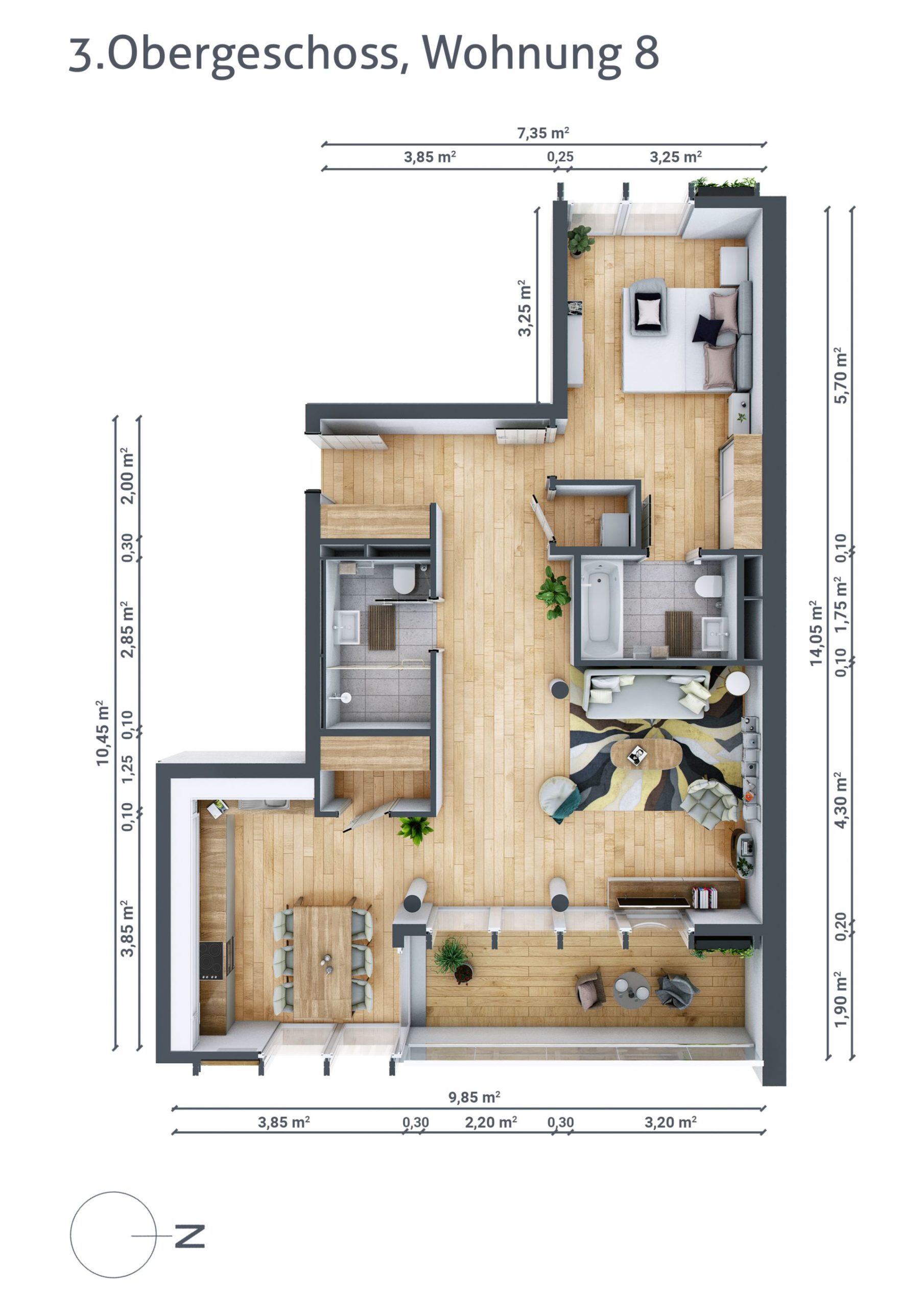 Grundriss von Wohnung Nummer 8 im dritten Obergeschoss. Offener Raum mit Küche, Schlaf-, Wohn- und Essbereich und Balkon.