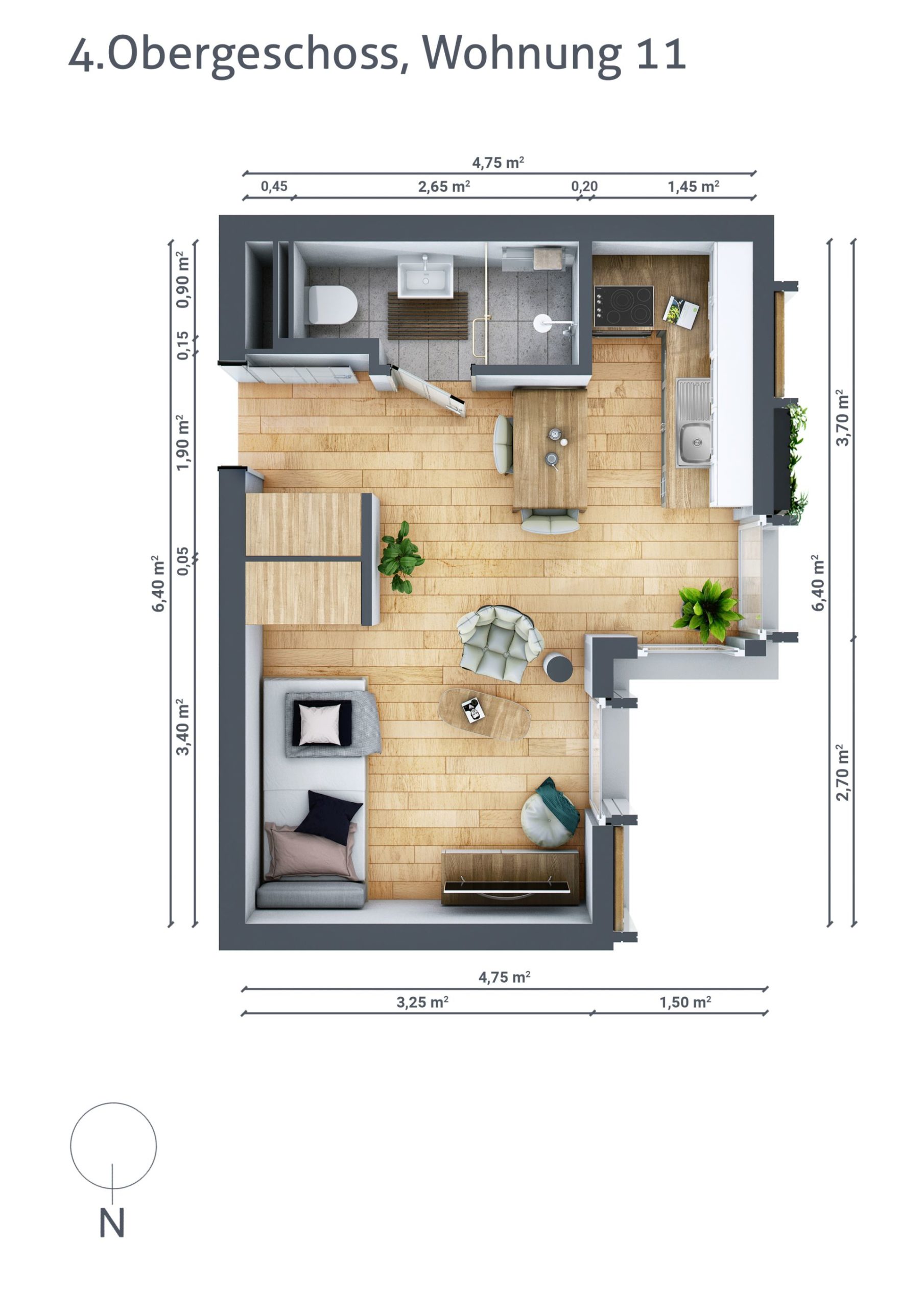 Grundriss von Wohnung Nummer 11 im vierten Obergeschoss. Kleinerer, offener Raum mit Küche, Schlaf-, Wohn- und Essbereich.