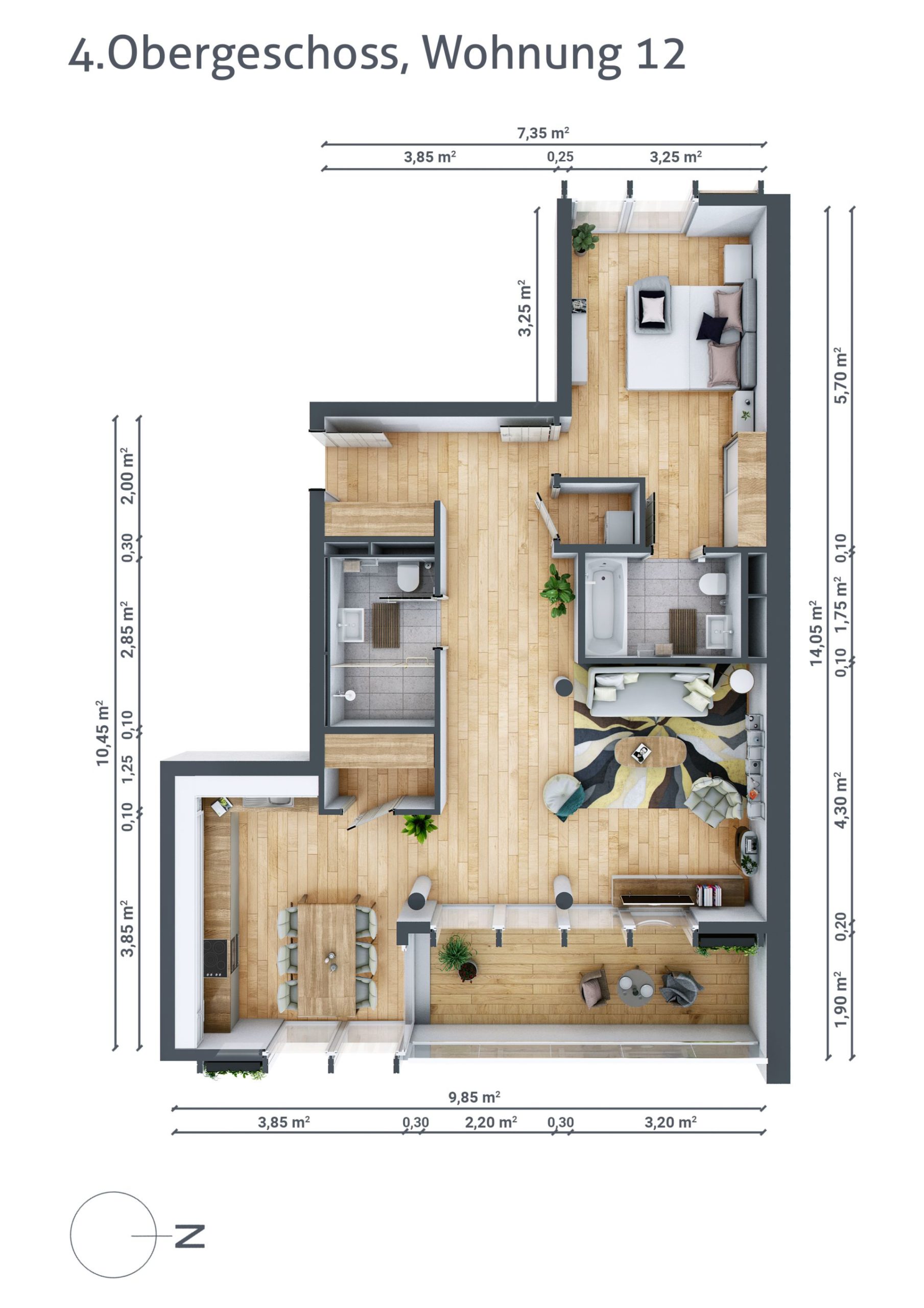 Grundriss von Wohnung Nummer 12 im vierten Obergeschoss. Offener Raum mit Schlafzimmer, Küche, Wohn- und Essbereich.