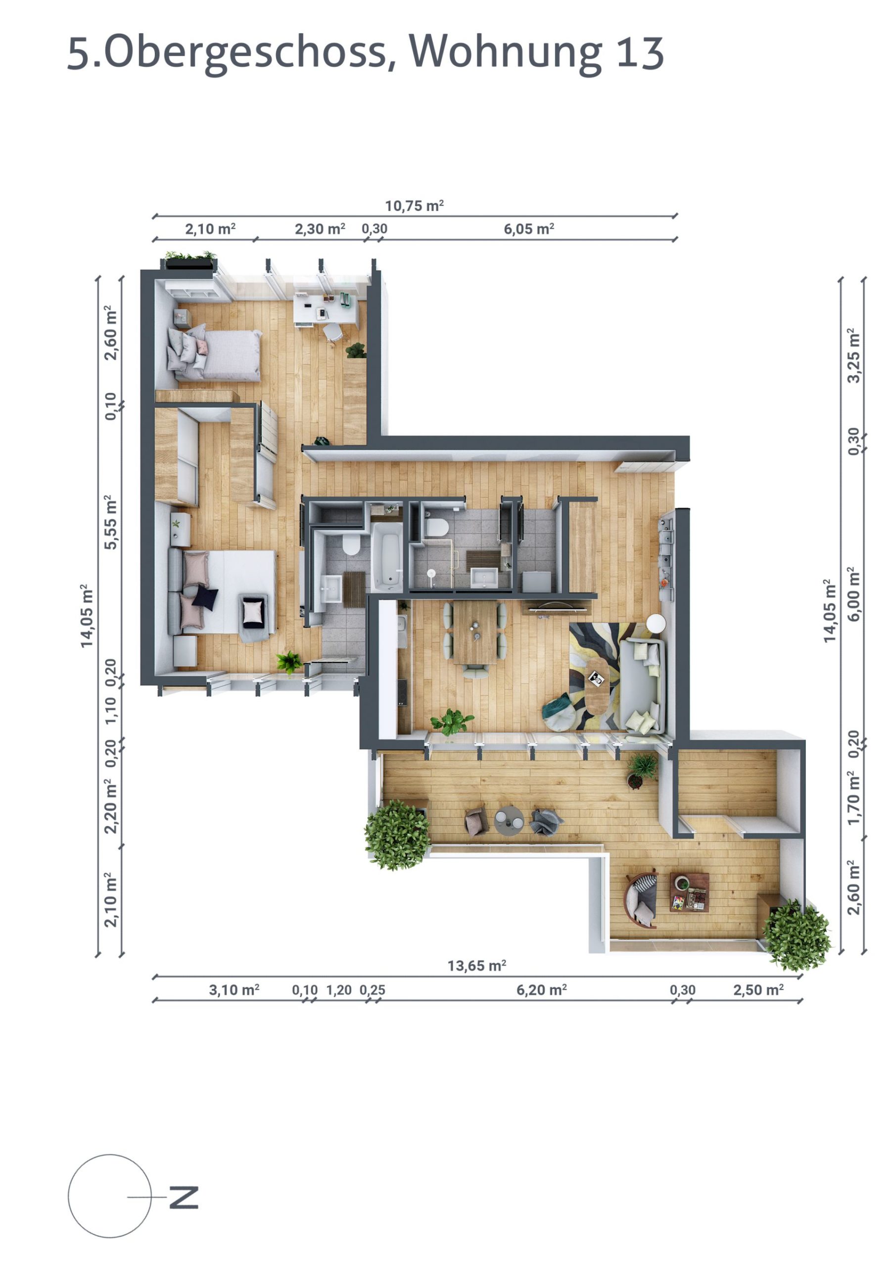 Grundriss von Wohnung Nummer 13 im fünften Obergeschoss. Mehrere offene Räume mit Küche, Schlaf-, Wohn- und Essbereich plus Balkon.