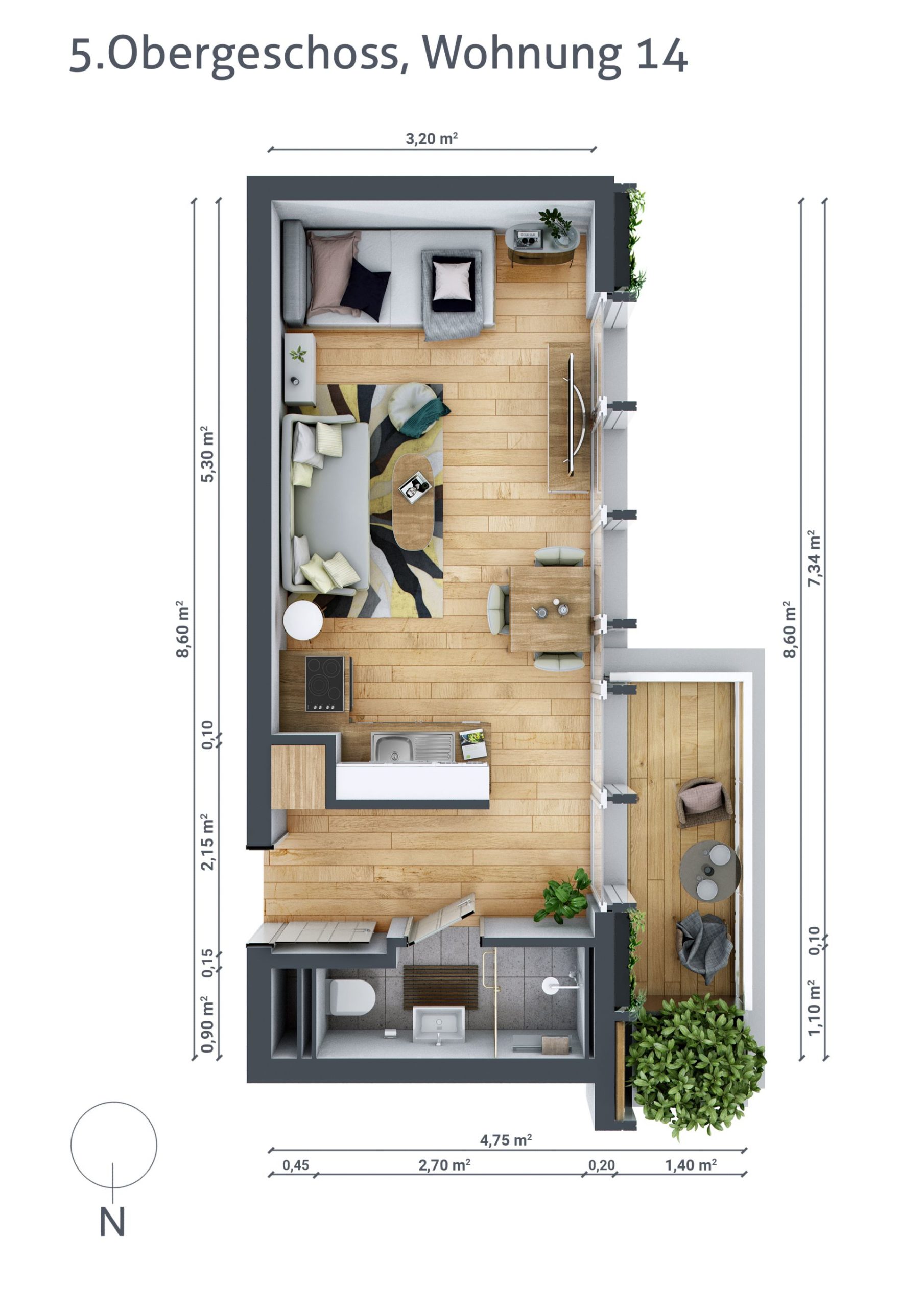 Grundriss von Wohnung Nummer 14 im fünften Obergeschoss mit Balkon