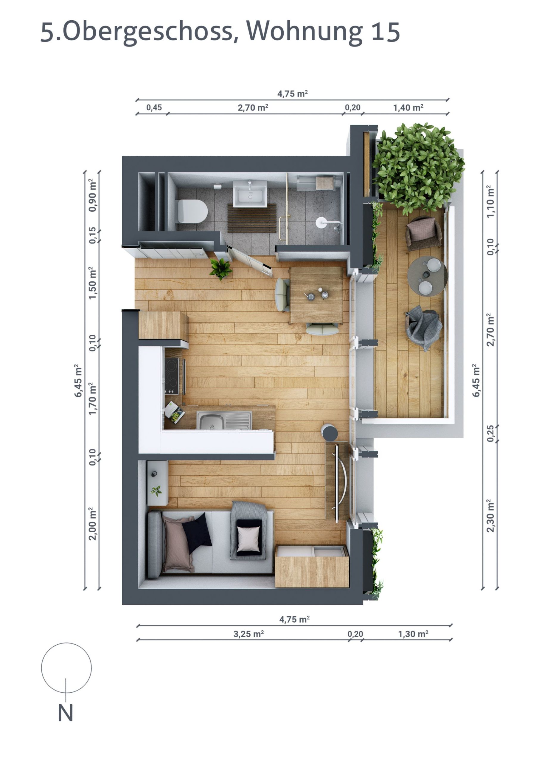 Grundriss von Wohnung Nummer 15 im fünften Obergeschoss. Kleinerer offener Raum mit Balkon.