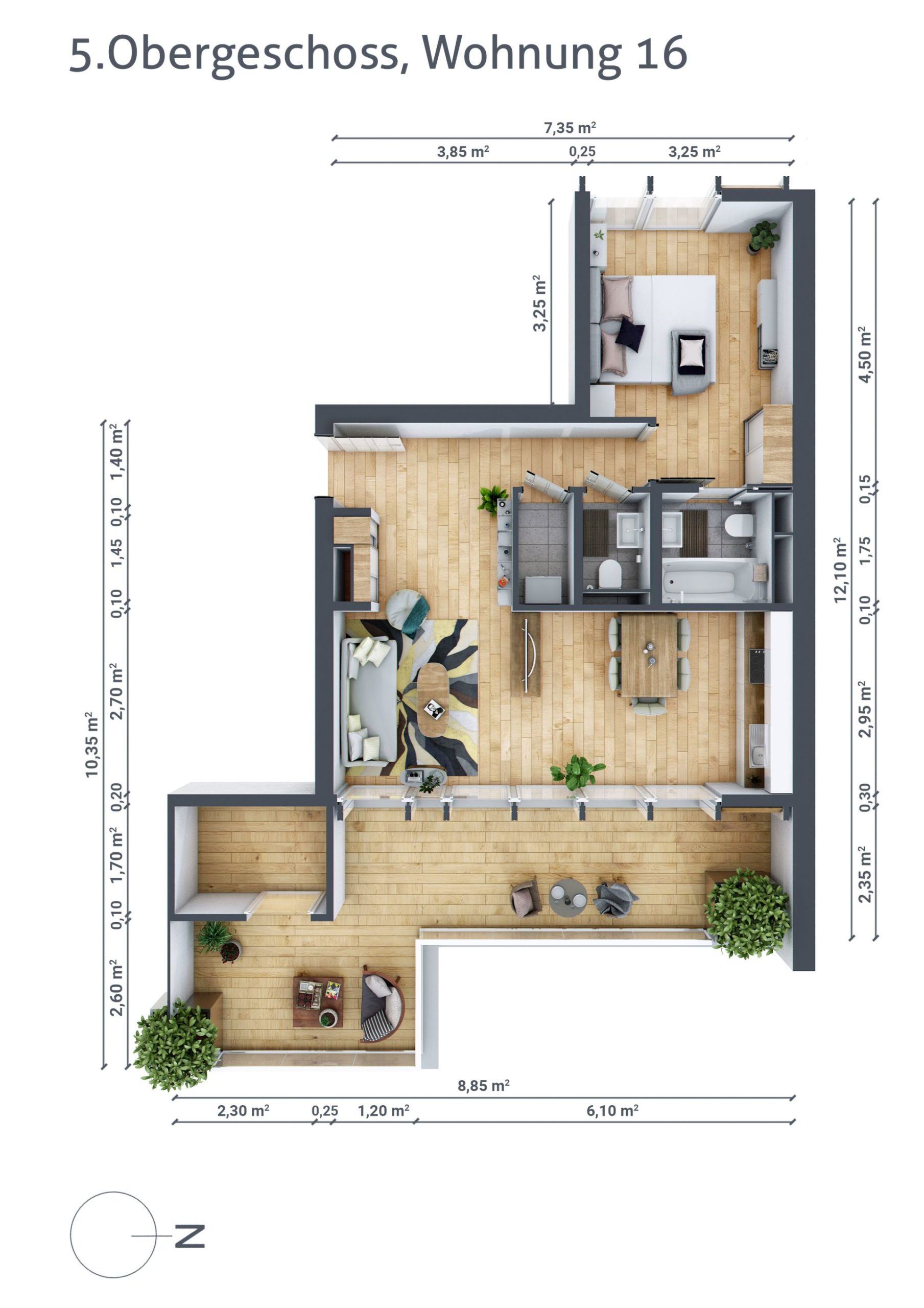 Grundriss von Wohnung Nummer 16 im fünften Obergeschoss. Schlafzimmer, Küche, Bad, Wohn-/ Essbereich und Balkon.