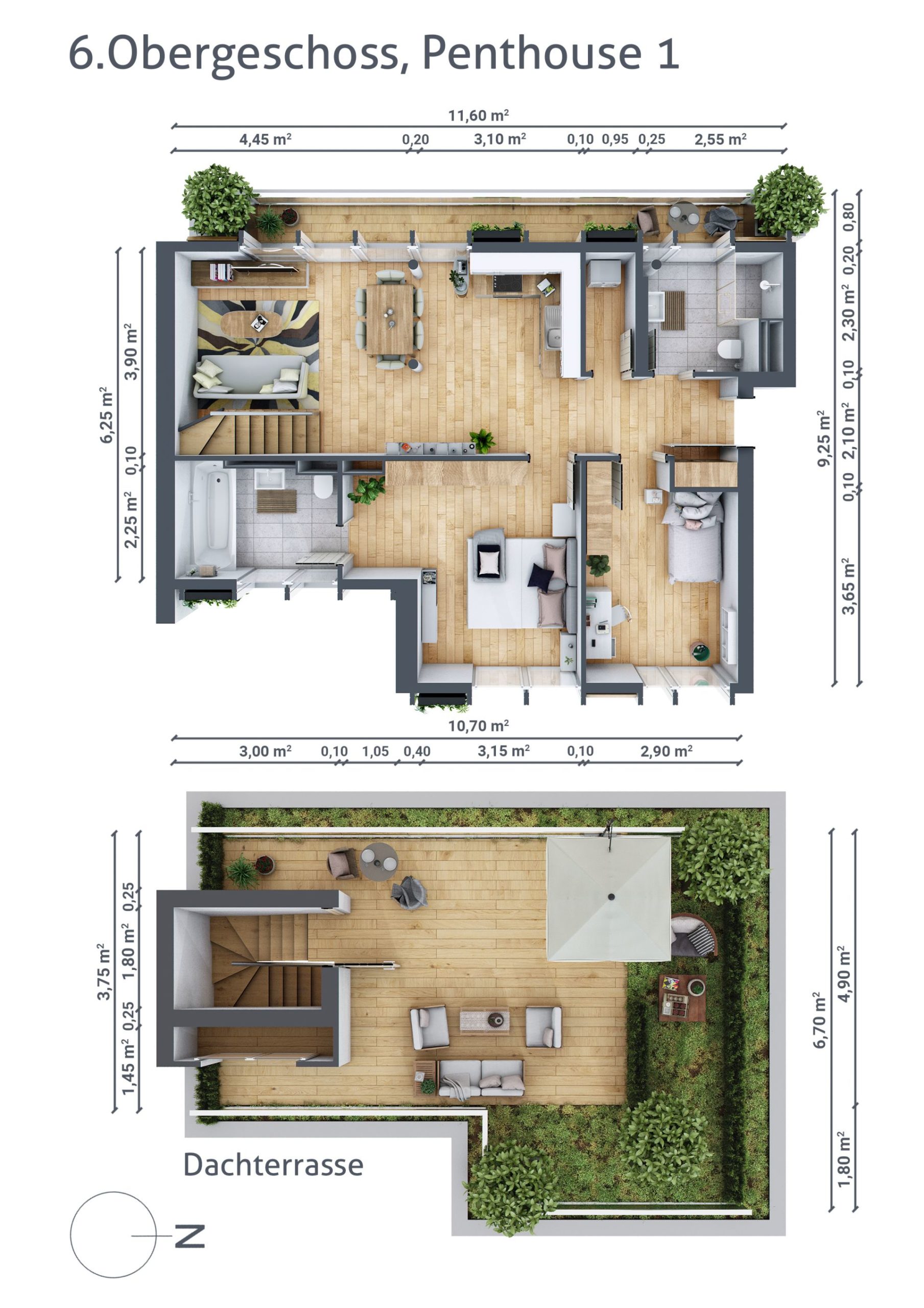 Grundriss von Penthouse Nummer 1 im sechsten Obergeschoss und Grundriss von der dazugehörigen Dachterrasse