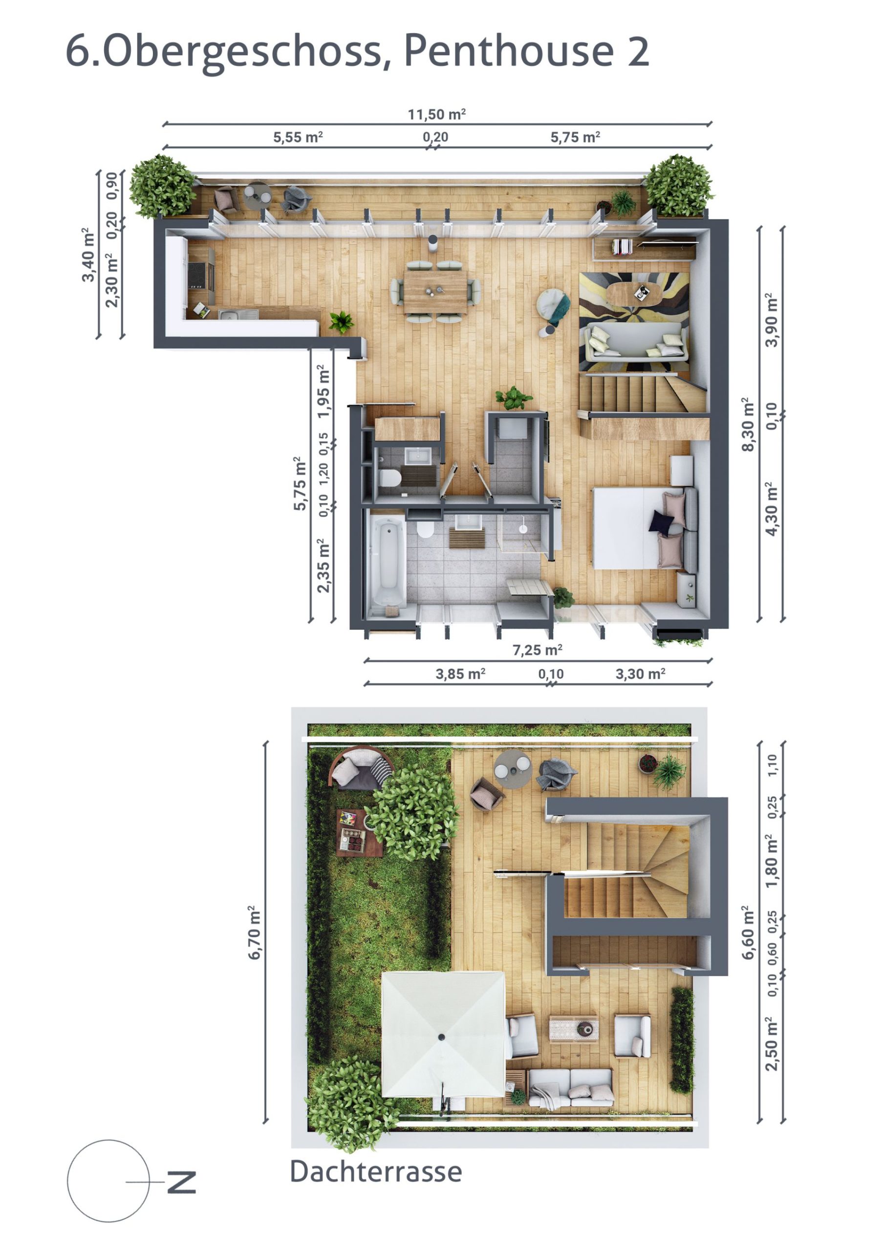 Grundriss von Penthouse Nummer 2 im sechsten Obergeschoss und Grundriss von der dazugehörigen Dachterrasse