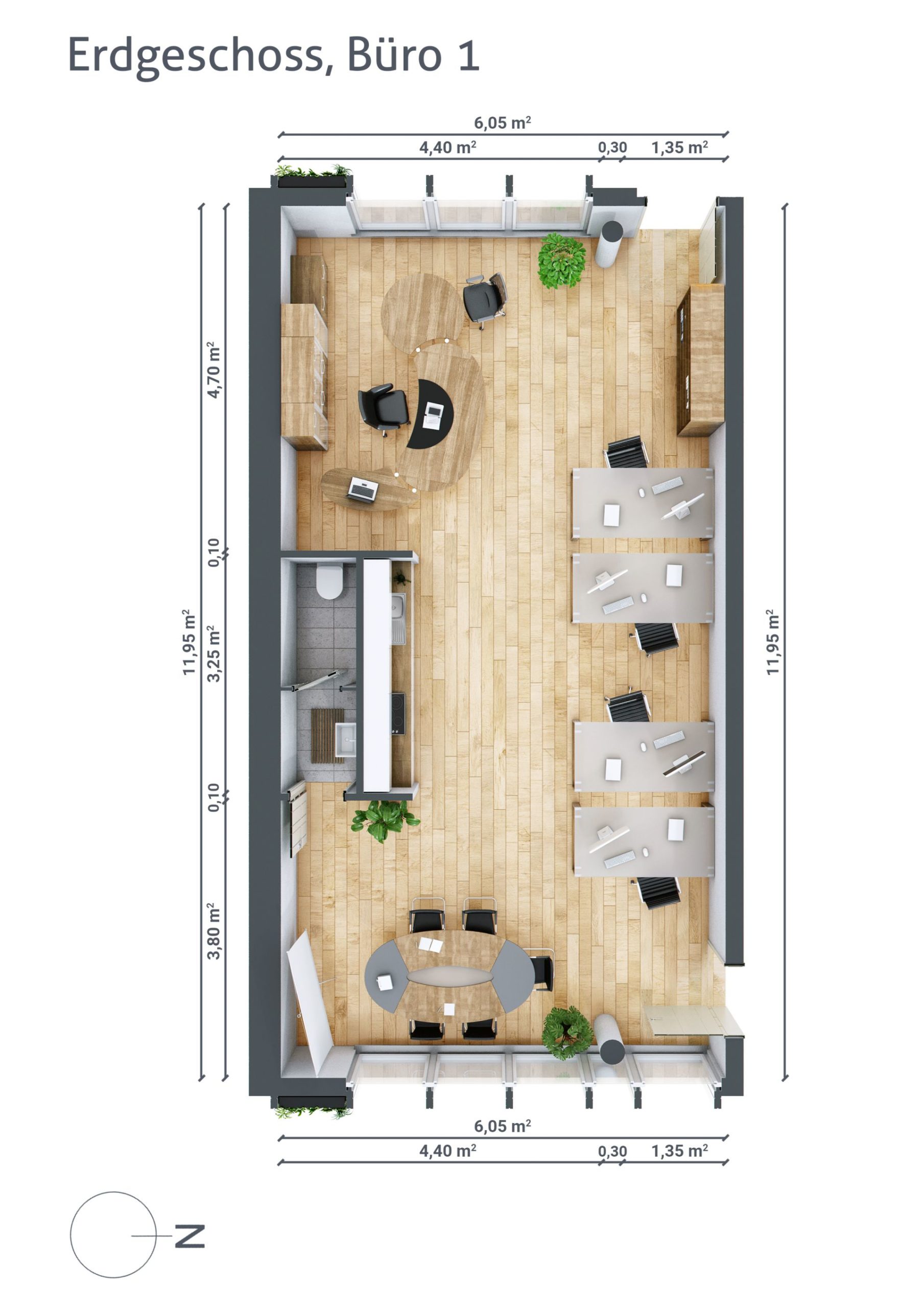 Grundriss von Büro Nummer 1 im Erdgeschoss mit Arbeits- und Besprechungsplätzen