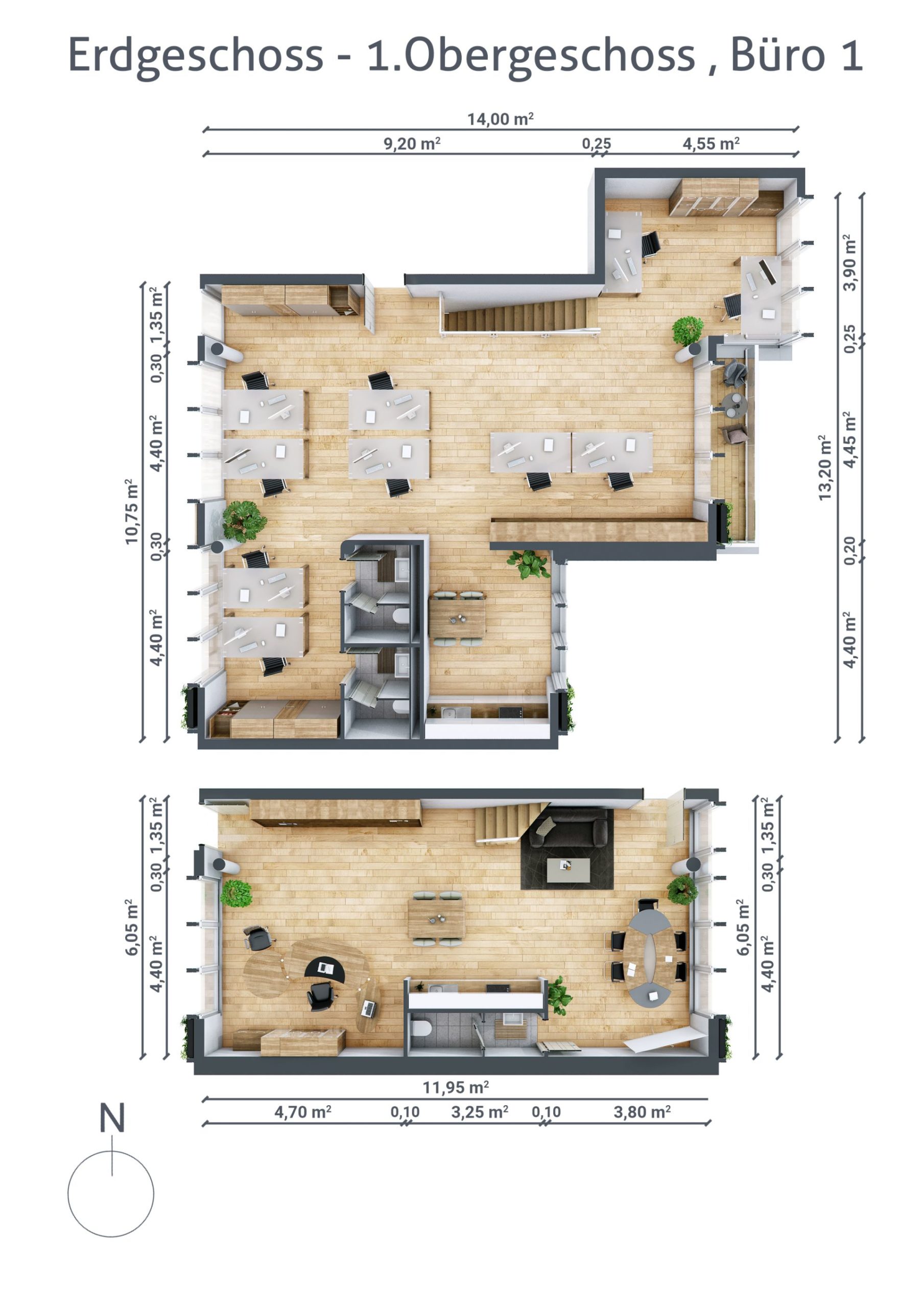 Grundriss von Büro Nummer 1 im Erdgeschoss und ersten Obergeschoss