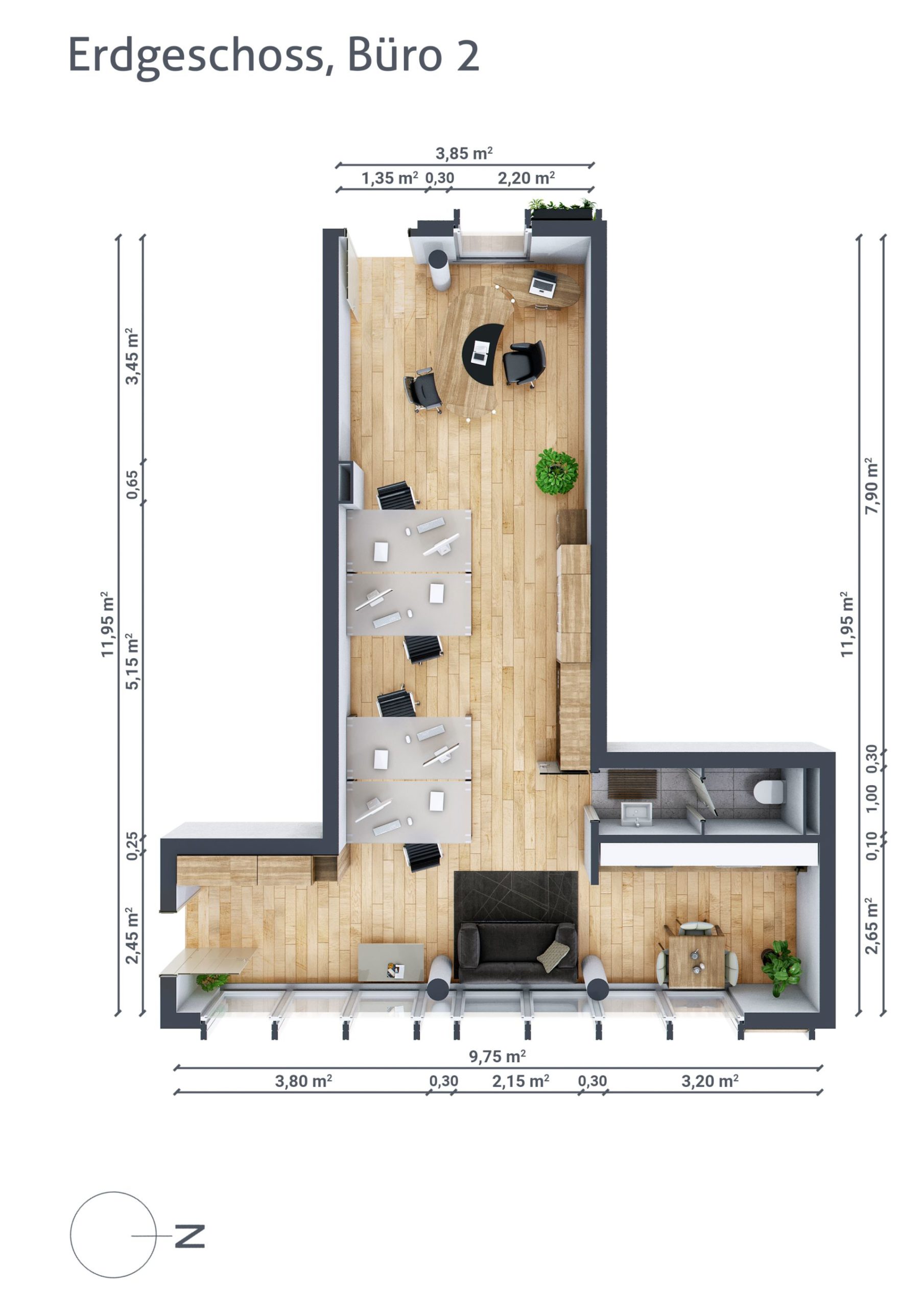 Grundriss von Büro Nummer 2 im Erdgeschoss mit Arbeitsplätzen
