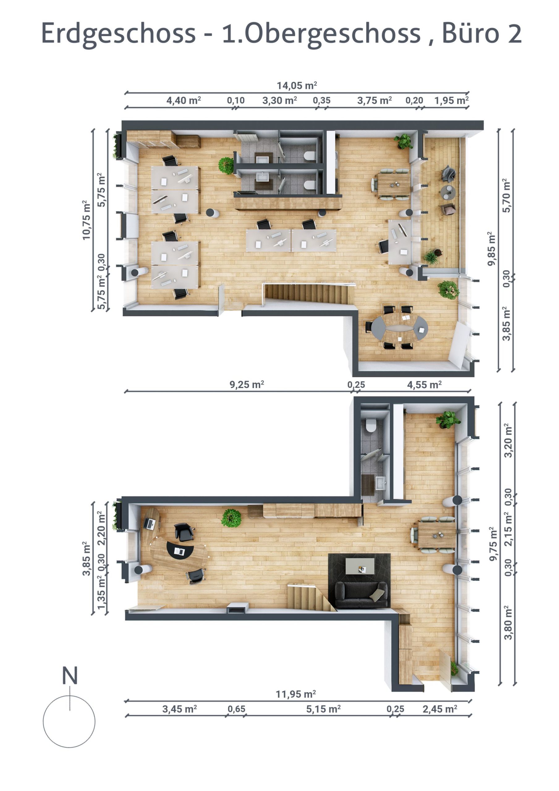 Grundriss von Büro Nummer 2 im Erdgeschoss und ersten Obergeschoss mit Arbeits- und Besprechungsplätzen