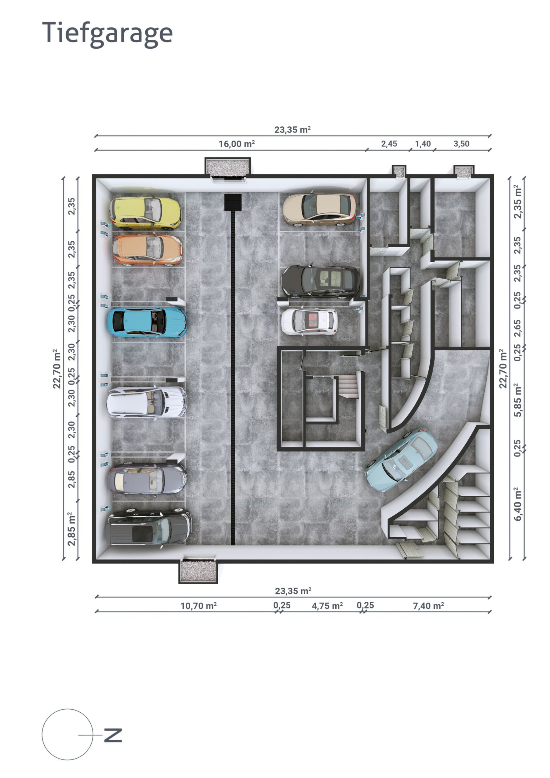 Tiefgarage mit Stellplätzen und Autos